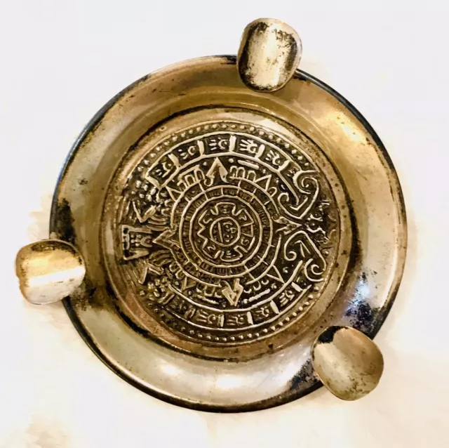 Vintage Taxco Mexico 925 Sterling Silver Aztec Calendar Ashtray