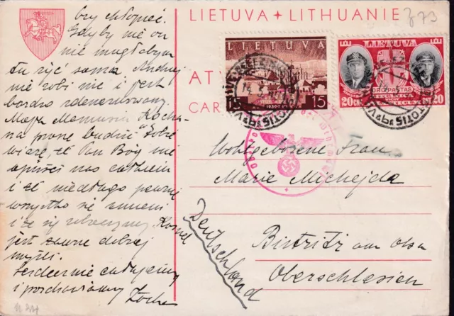 1940 LITHUANIA VILNIUS to SILESIA BISTRITZ AM OLZA OBERSCHLESIEN superb