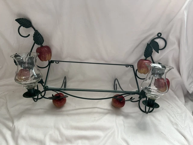 Set of Home Interior Green Leaf Metal Sconces w/glass shades & glass shelf