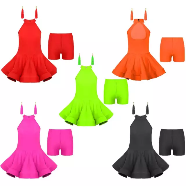 Girls Hollow Back Latin Ballroom Dress with Shorts Earrings Rumba Dance Costume