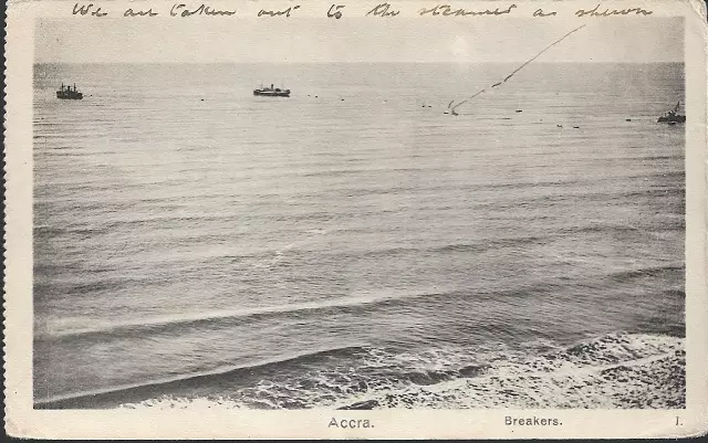 Accra, Ghana (Gold Coast) - breakers, steamers - postcard c.1920s