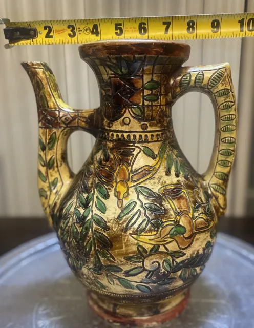 Antique Majolica Pottery Persian Style, Vase Double Handle Floral, Birds,Pattern