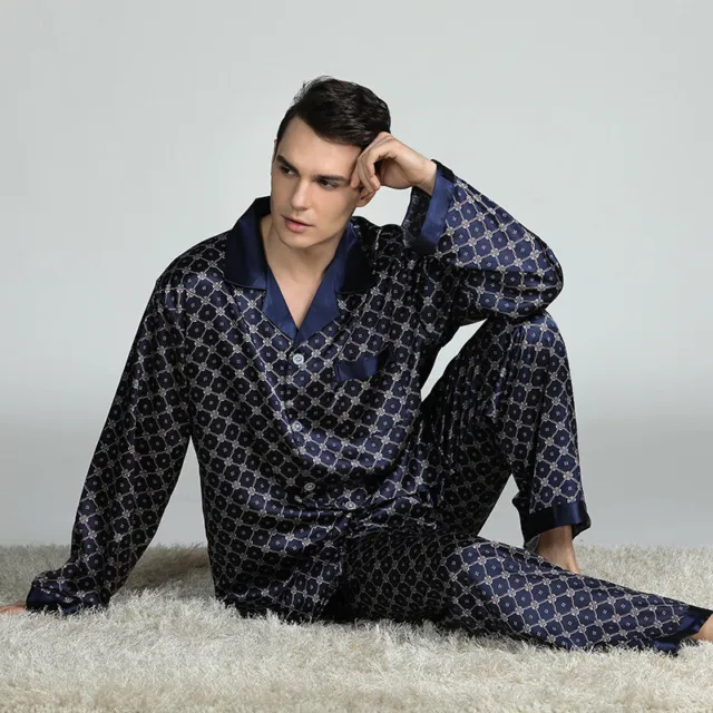 2Pcs Mens Silk Satin Pajamas Sleepwear Pyjamas Pjs Set Long Sleeve Homewear 2