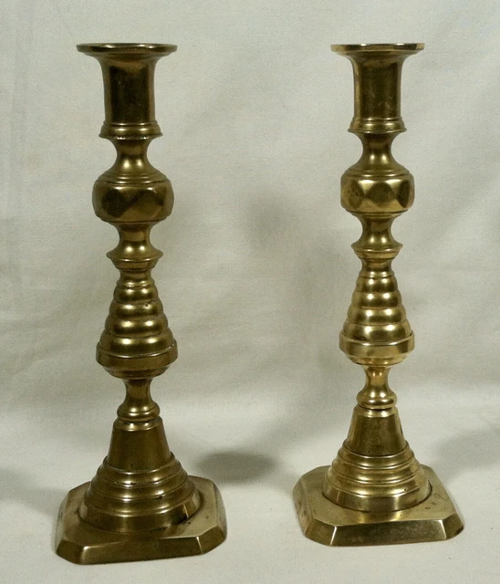 Antique Pair 19th C Solid Brass Push-up Candlesticks w Beehive Diamond Pattern