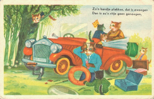 Anthropomorphic Cats Changing Tyres Vintage Kitten Postcard B36