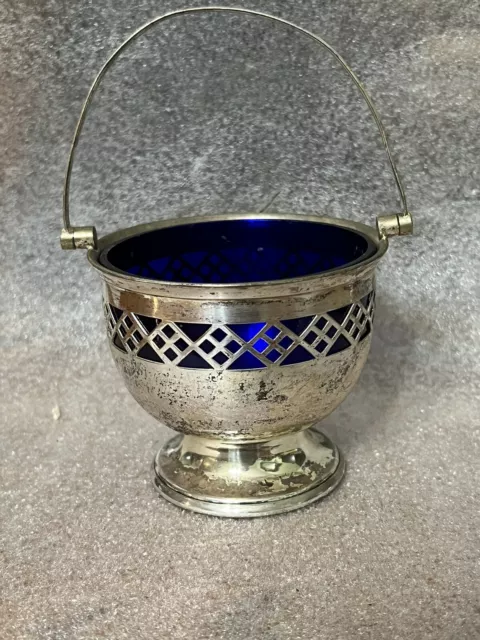 Vintage Swing Handled Sugar Bowl With Cobalt Blue Glass Liner
