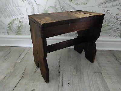 Wonderful Rustic Old Vintage Wooden Stool Plant Stand Milking Stool Hand Crafted 3