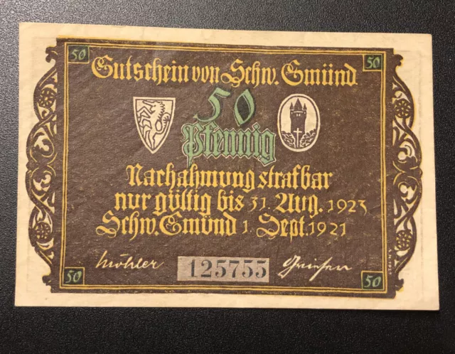 Schwaebisch Gmuend 50 Pfennig Gutschein Schwaebisch Gmünd - Geldschein Notgeld