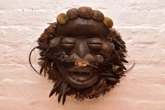 Antique African Dan Guerre Guere Mask Wood Bells Horns Hair African Art