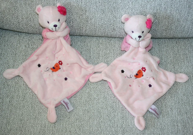 Pommette 2 Doudou Ours Robe Rose Mouchoir Rose Oiseau Fleur Etoiles Etat Neuf