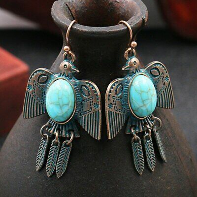 Boho Ethnic Turquoise Brincos Metal Green Antique Bronze Eagles Dangle Earrings