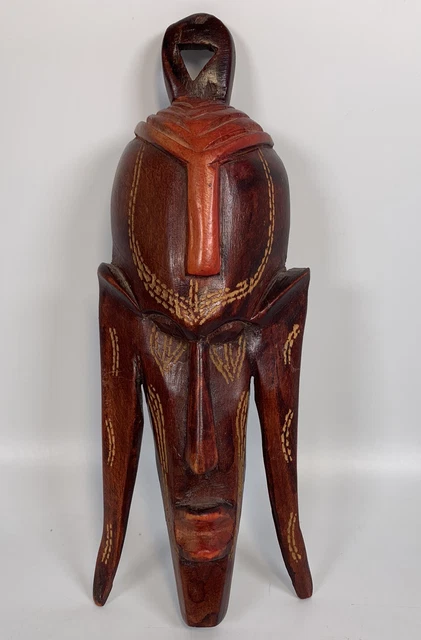 Beautiful African Wooden Hand Carved & Painted Wood Mask. 8” x 3”