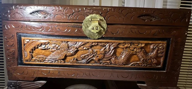 Antique Chinese Blanket Chest Luggage Box Carved Wood dragons, 27”x13”x14”