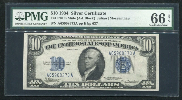 FR. 1701m 1934 $10 TEN DOLLARS MULE SILVER CERTIFICATE PMG GEM UNC-66EPQ
