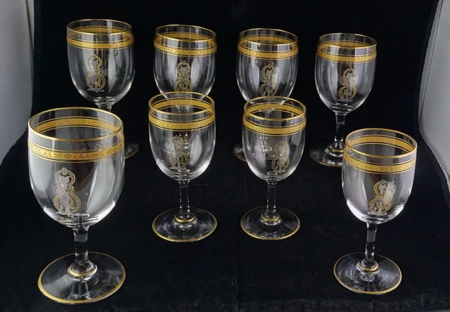 8 Antique Crystal Wine Glasses 2 Sizes Monogram Gold Encrusted Band 8 Antique Crystal Wine Glasses 2 Sizes Monogram Gold Encrusted Band
