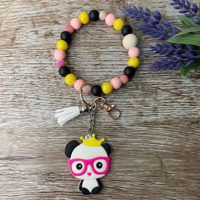 Wristlet Keychain Silicone Panda Beaded Handmade Bracelet Gift Custom Key