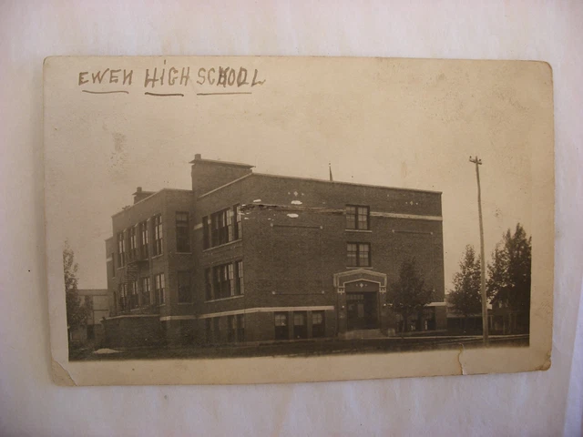 Real Photo Postcard RPPC High School Ewen Michigan MI #2866