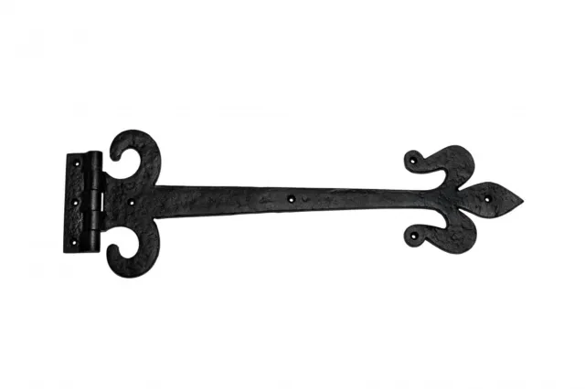 Black Wrought Iron Door Strap Hinge 18" L Fleur De Lis Style Flush Mount Hinge