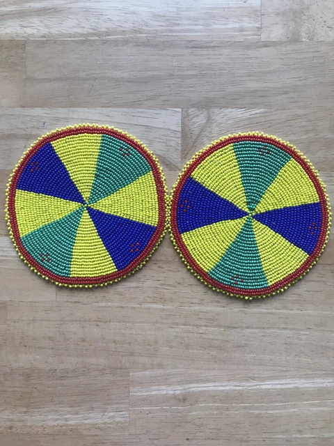 5 inch Beaded Rosettes Blue Yellow Green Wheel Pattern Leather Back Set of 2