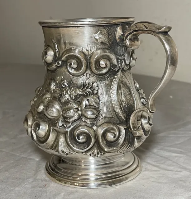 antique 18th century Irish Dublin tooled sterling silver chased mug cup stein .