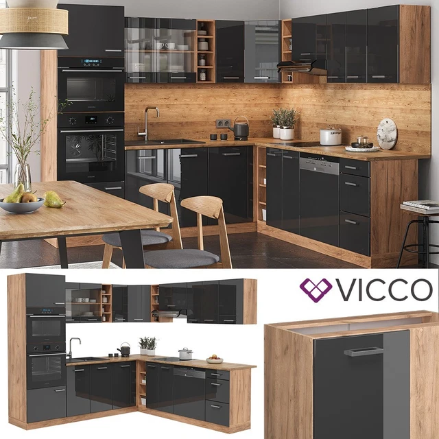 Bloc Cuisine Vicco R-Line 300 Cm - Haute Brillance Anthracite - Neuf