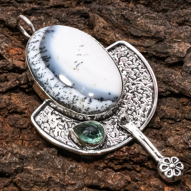 Dendrite Opal Gemstone 925 Sterling Silver Jewelry Pendant 2.68"