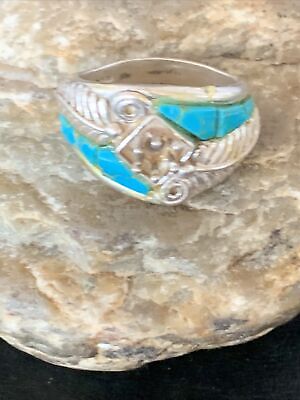 Mens Native Old Pawn Navajo Sterling Silver Blue Turquoise Inlay Ring Sz 12 1692