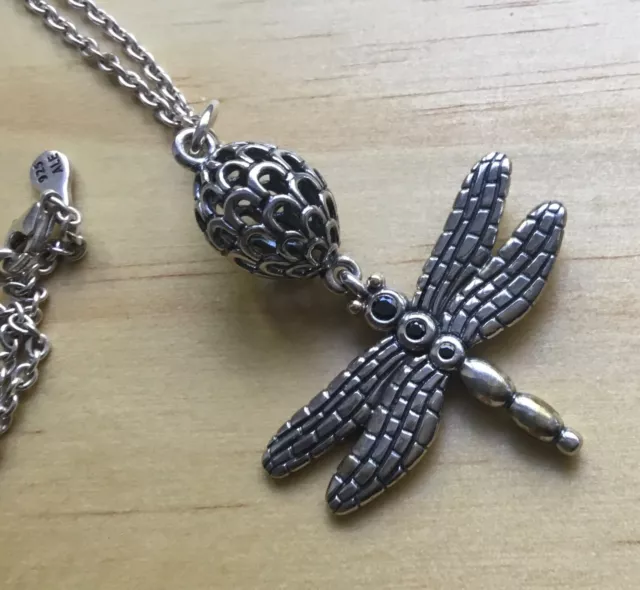 Pandora Silver & 14K Gold Dragonfly With Onyx Pendant & chain