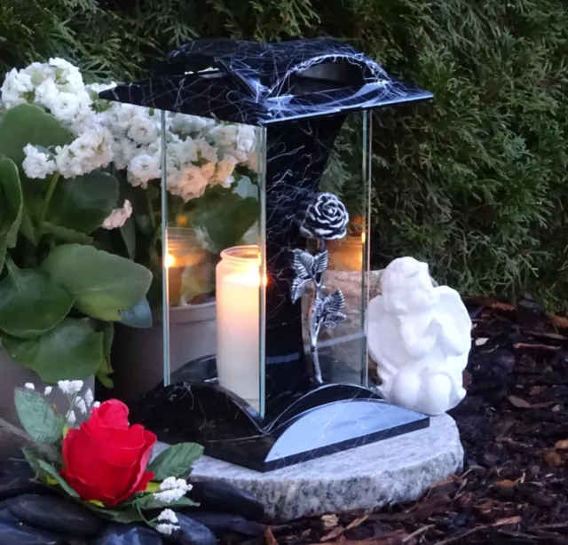 Grablampe Granitsockel  Engel Kerze ❤ Grabschmuck Set Grablaterne Rose Grablicht