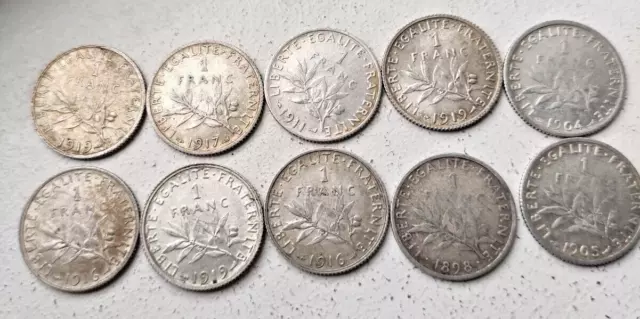 France Lot de 10 pièces de 1 Franc Semeuse en Argent