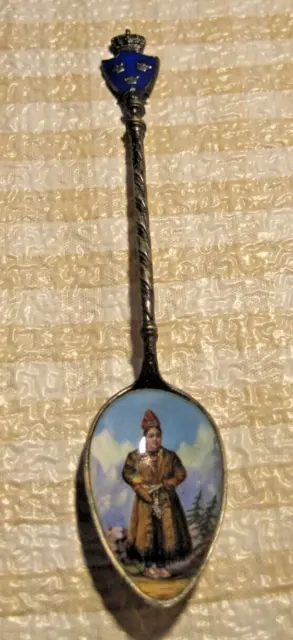 Collectible Antique Enamel Spoon Sweden 3 Crowns w/ Woman in Native Garb