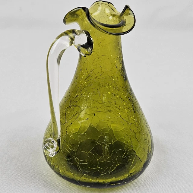 Mid Century Crackled Olive Small Glass Vase Hand Blown Antique With Handle