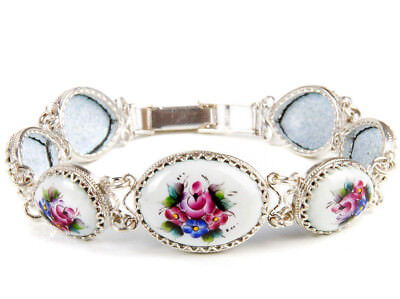 Finift Bracelet Hand Painted in Russia White and Flowers 6.3"
