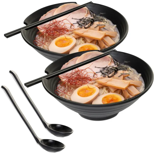 HEFTMAN Japanese Ramen Bowl Set of 2 Noodle Soup Salad Rice Spoons & Chopsticks