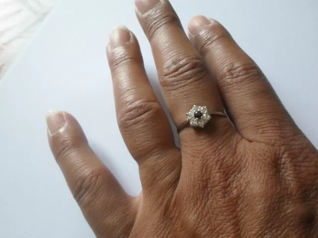 bague en argent massif, fleur, zirconiums, noir et blancs, t. 58 3