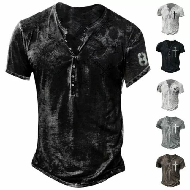 Mens Short Sleeve Cross Tops Casual Baggy V Neck Vintage Shirts Button T-shirt T