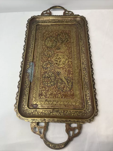 Indian Handmade Rectangle Brass Tray Plate Engraved Ornate Handcrafted Gold