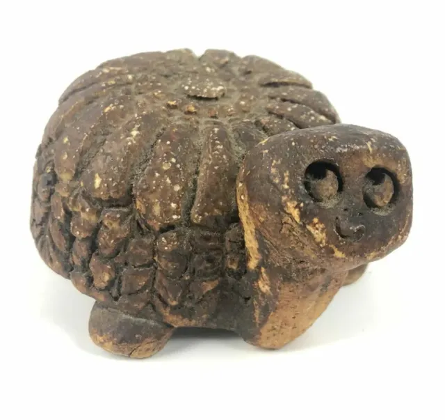 Brown Clay Turtle Paperweight Handmade Baby Tortoise Figurine 4" Vintage