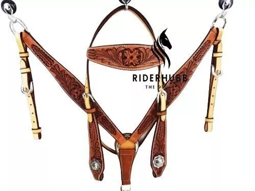 Western Barrel Trail Floral Tooled Leather Horse Bridle And Breast collar Set