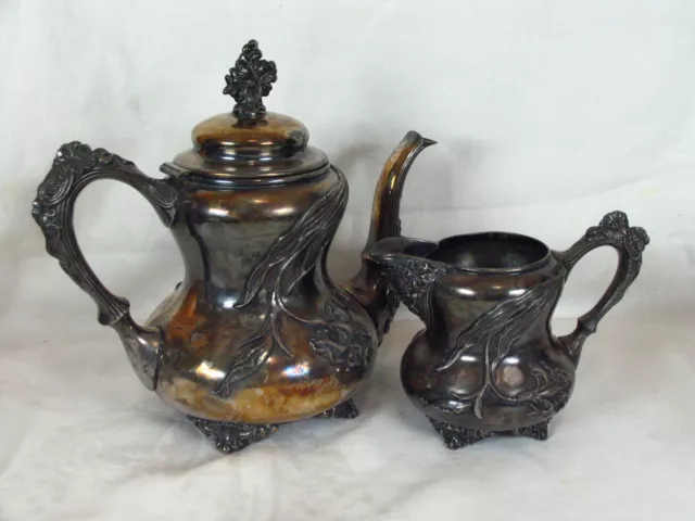 EG Webster & Son Embossed Leaf Floral Tea Pot & Creamer, Stunning Silver Plate