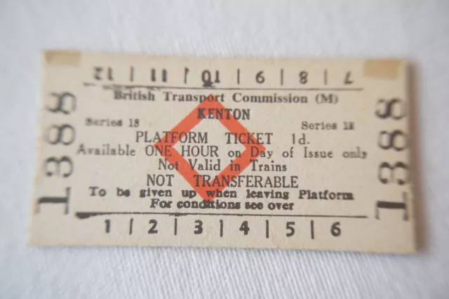 1957 Kenton British Rail BTC Platform Railway Train Ticket
