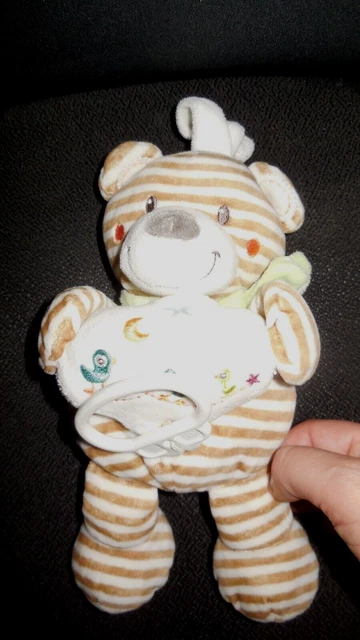 doudou peluche ours musical blanc rayé beige brodé oiseau NICOTOY 27cm