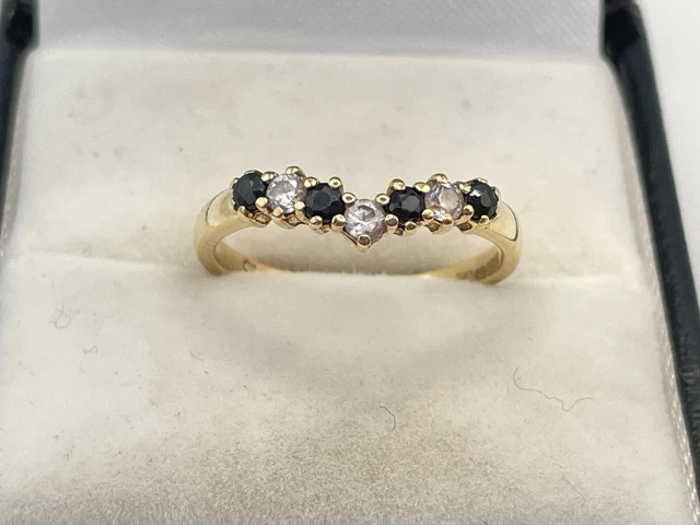 9ct Gold Hallmarked Sapphire & Cubic Zirconia Wishbone Ring. Goldmine Jewellers.