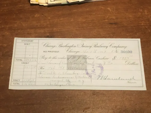 1907 Chicago IL Railroad Bank Check Chicago Burlington & Quincy Railway Company