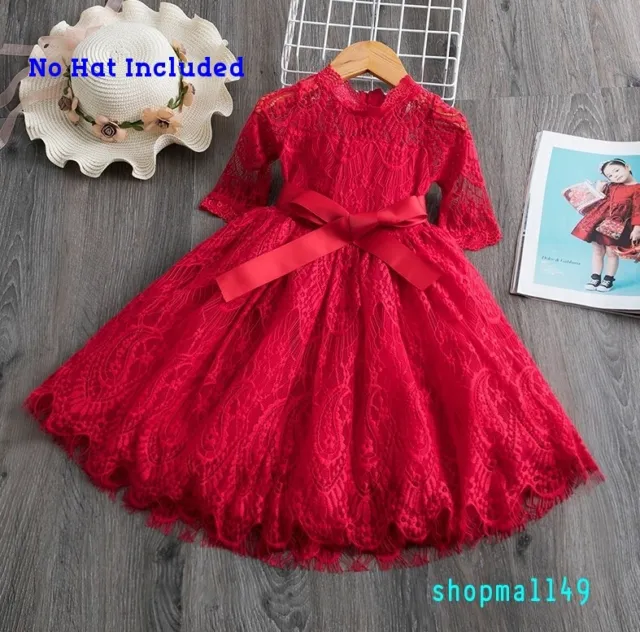 Girls Christmas Dress Red Lace Party 3/4 Sleeve Dresses Princess Age 3-8 Years