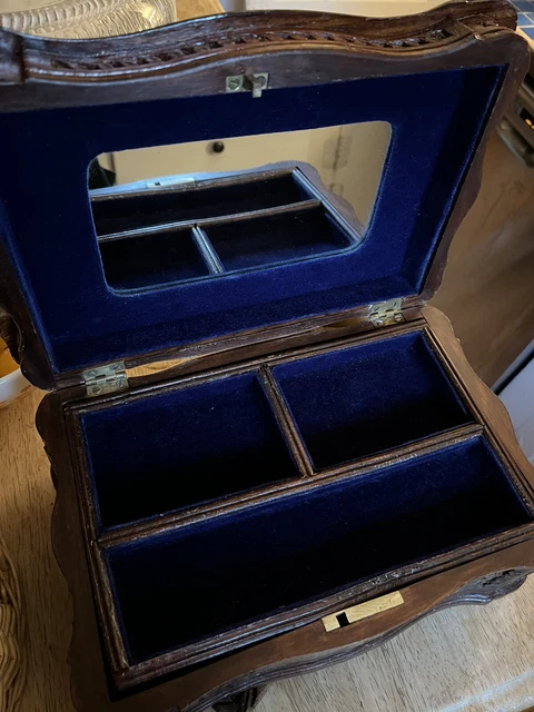 Vintage Blue Velvet Lined Carved Wood Jewelry Box, compartments, 2 Tiers Vintage Blue Velvet Lined Carved Wood Jewelry Box, compartments, 2 Tiers