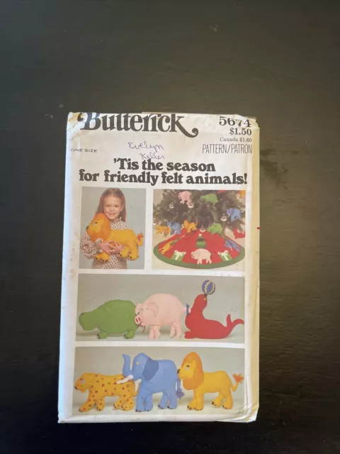 Butterick crafts sewing pattern 5674 Friendly Felt Animals Uncut