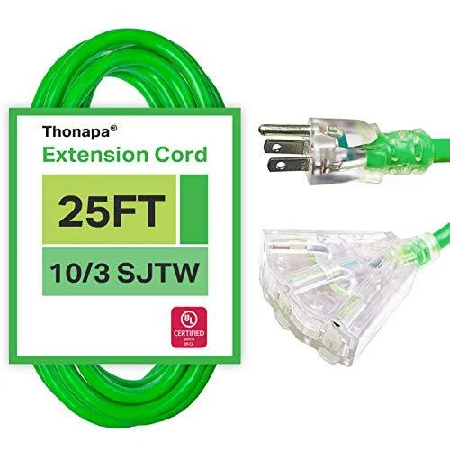 25 FOOT OUTDOOR Extension Cord with 3 Electrical Power Outlets Green