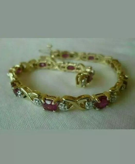 14k Solid Yellow Gold Over 7 CT Oval Cut Ruby Diamond Tennis Women's Bracelet