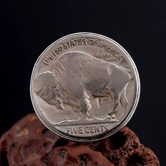 ¡Impresionante! Anillo de moneda de plata con estampado de búfalo de cinco...